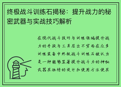 终极战斗训练石揭秘：提升战力的秘密武器与实战技巧解析