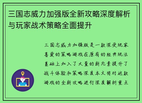 三国志威力加强版全新攻略深度解析与玩家战术策略全面提升